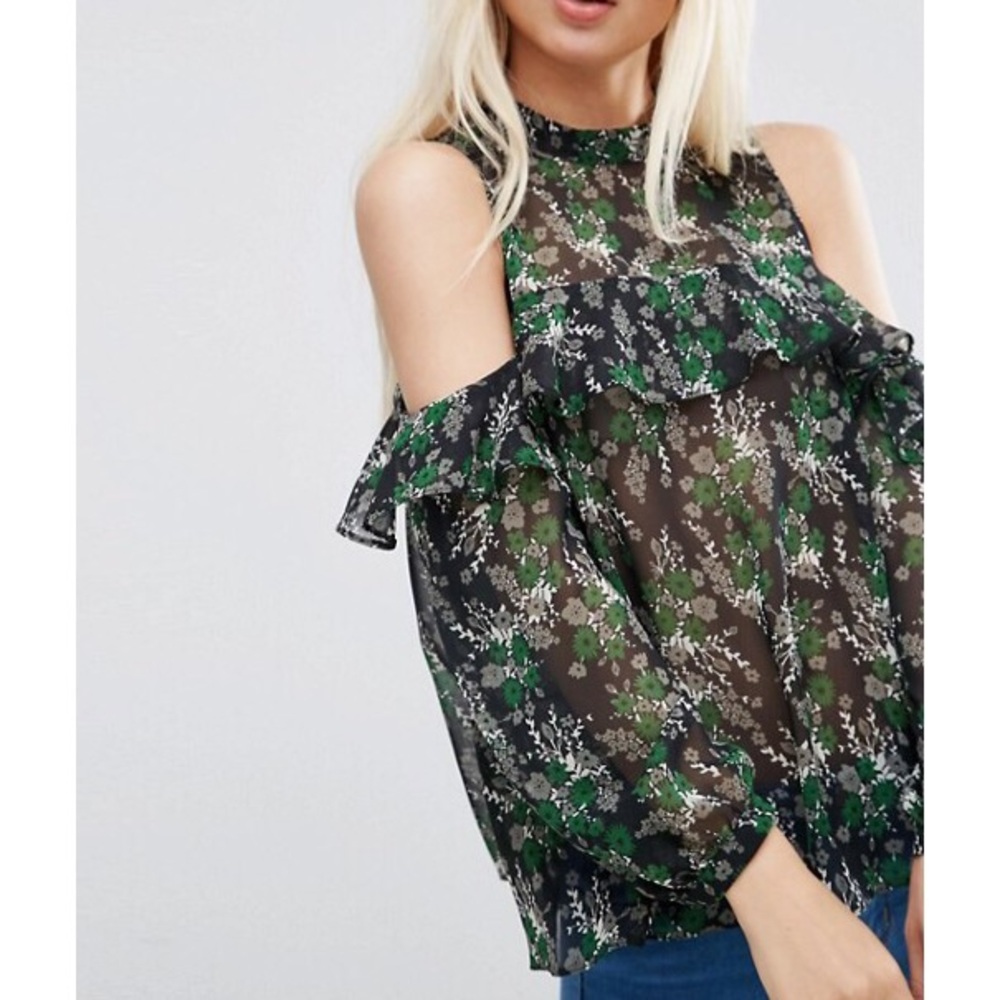 🔴 ASOS Ditsy Floral Sheer Cold-Shoulder Blouse